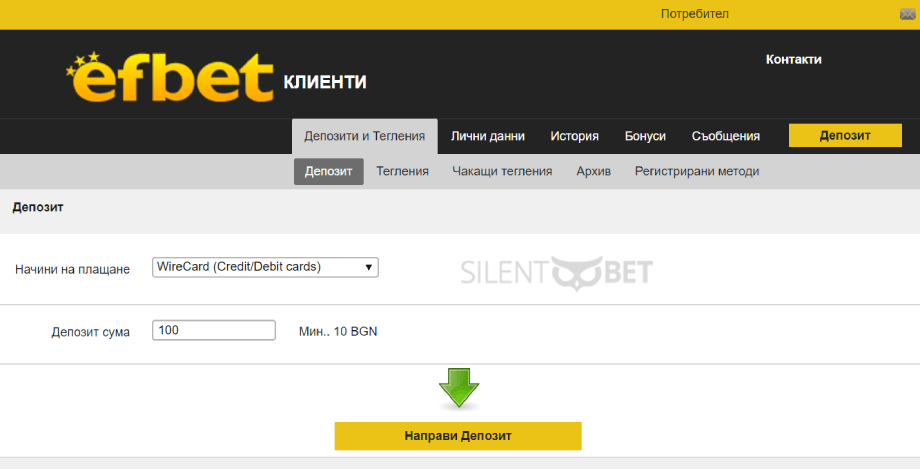 Захранване на сметка в Efbet